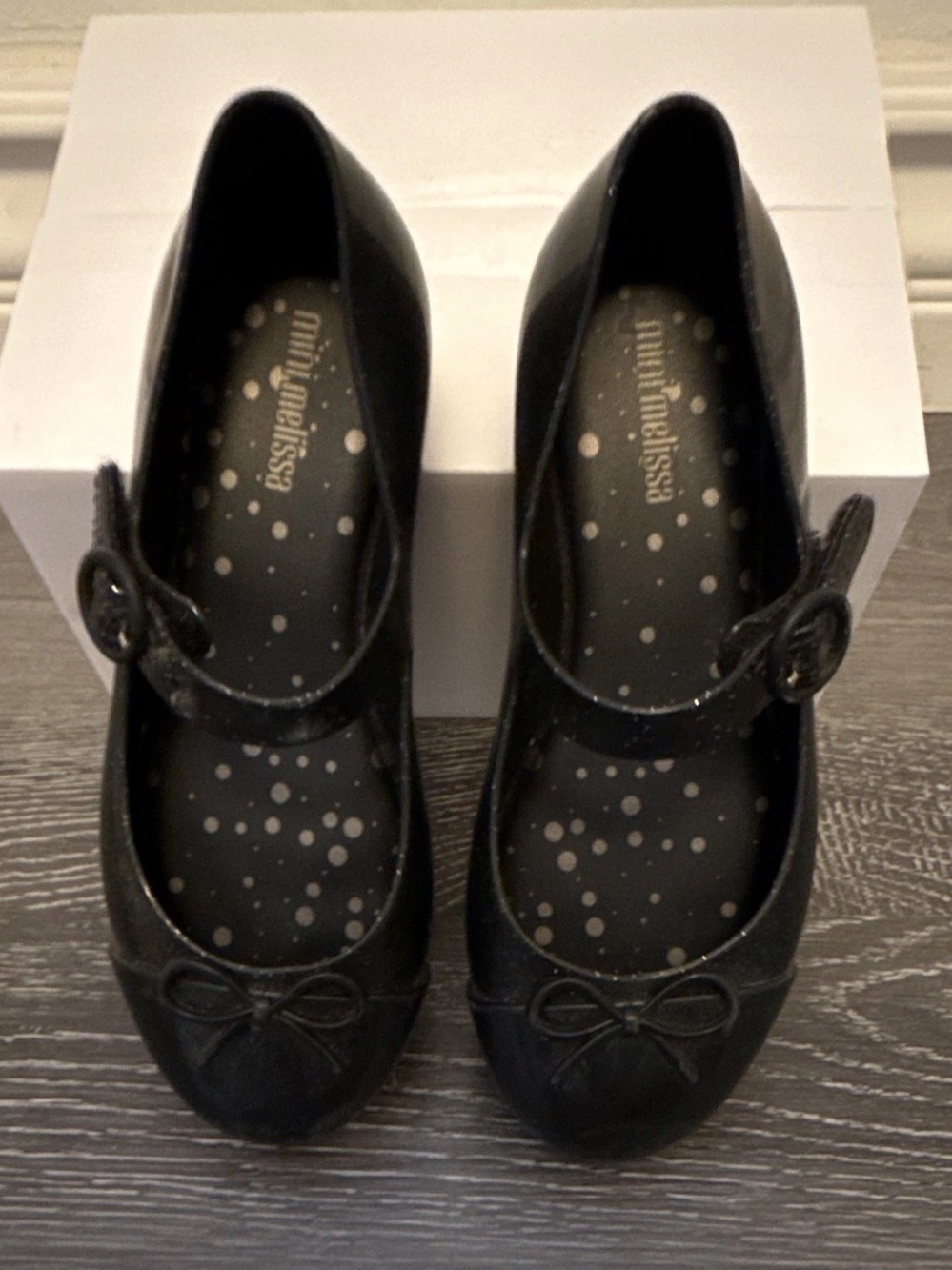 Melissa Black Girls Mary Jane Flats with Bow and Button Strap